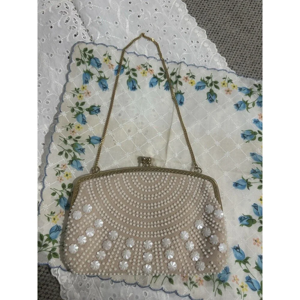 Vintage 1960s Beaded Floral Evening Bag Ivory Metal Frame Chain Strap Hong Kong